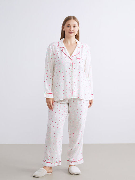 G?mlek Yaka Bask?l? Kad?n Pijama Tak?m?