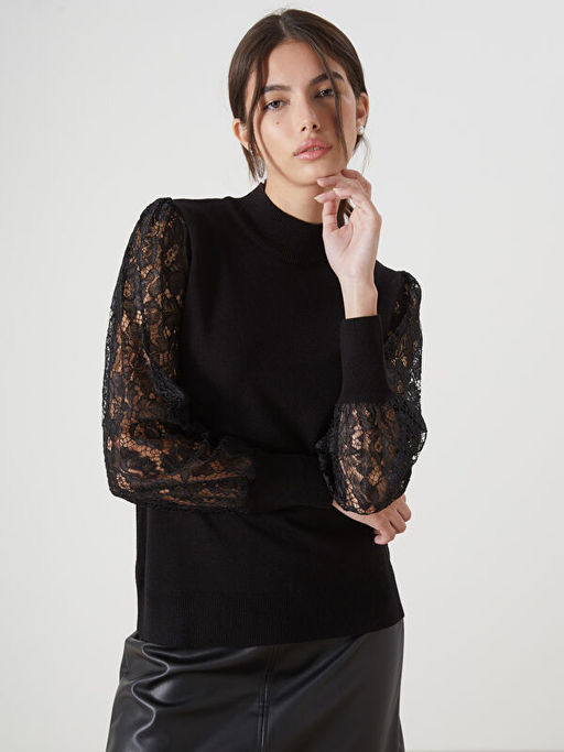 Yar?m Bal?k?? Yaka Dantel Detayl? Kad?n Triko Kazak