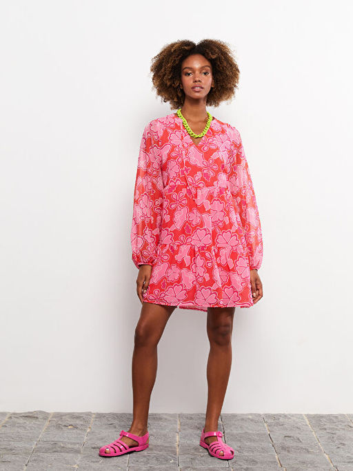 Ba?lamal? Yaka Desenli Uzun Kollu Elbise