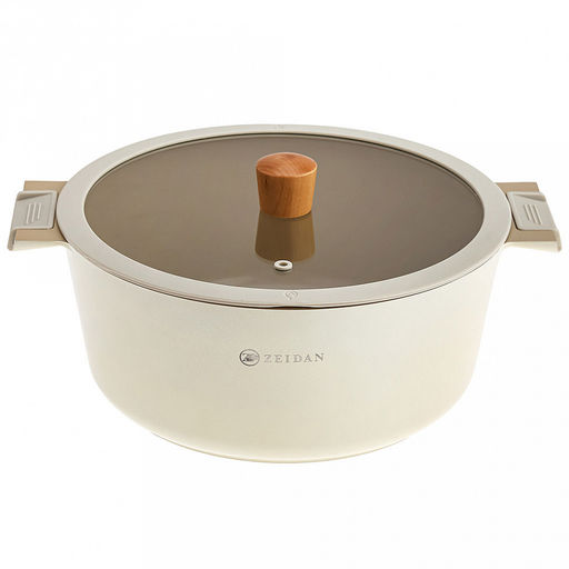 Zeidan Кастрюля алюминиевая 7,7л, д28см, стеклянная крышка с силиконовым ободком и деревянной ручкой, внешнее жаропрочное антипригарное покрытие, внутреннее антипригарное покрытие Neogres, индукционное дно, силиконовые накладки, литая, подарочная