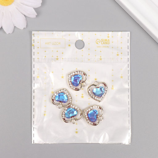 Цена за 5 шт. Декор для творчества металл, стразы «Сердце океана», золото, голубой, 1.7×1.7×0.5 см
