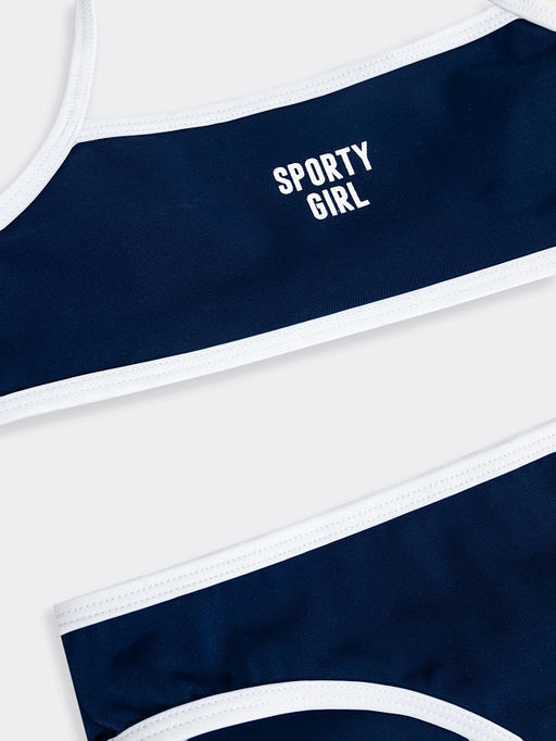 Купальник для девочек раздельный темно-синий с белой вставкой и текстом - Mark formelle фото 3