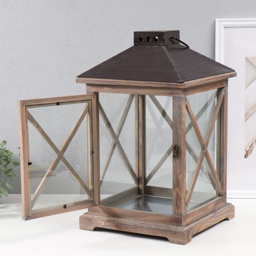 Деревянный подсвечник-фонарь на 1 свечу «Ставни», набор 2 шт., состаренный, 25×25×41 см; 16×16×27 см