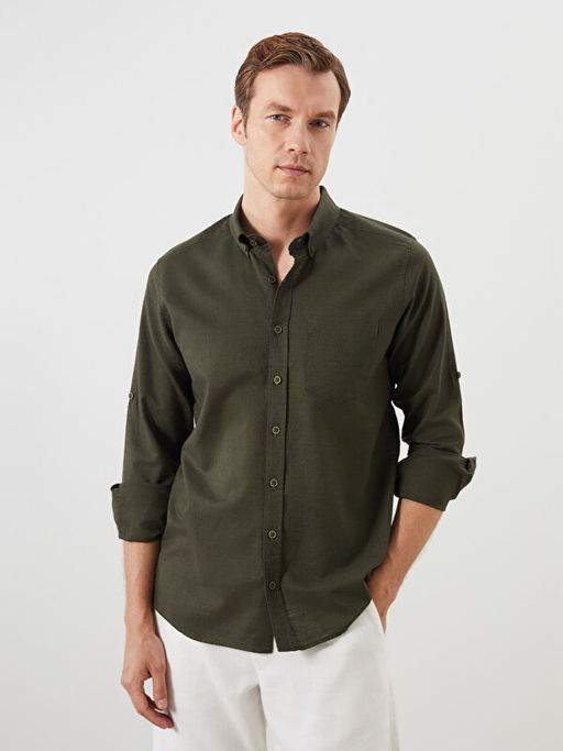 Regular Fit Uzun Kollu Keten Kar???ml? Erkek G?mlek