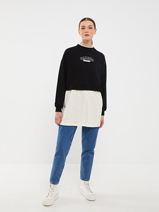 Bisiklet Yaka Bask?l? Uzun Kollu Oversize Kad?n Sweatshirt Tunik