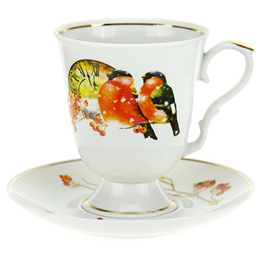 Бокал фарфоровый Снегири 600мл, д11см, h13см, форма Классическая, с блюдцем, д18см, h2,5см (Россия)