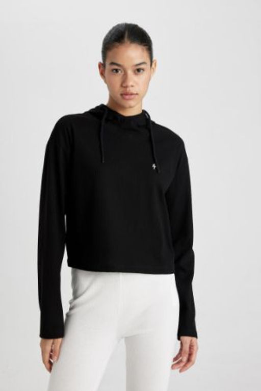 DeFactoFit Standart Fit Kapusonlu Nak?sl? Ribana Uzun Kollu Tisort