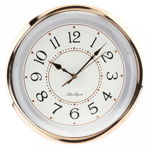 Часы настенные "Энигма" д35см, h5,5см, мягкий ход, циферблат белый/перламутровый; цифры арабские, черный; корпус пластик, прозрачный, золотая отводка; в коробке (Китай)