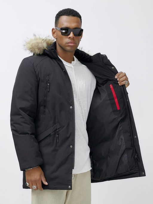 Парка мужская зимняя удлиненная с мехом черного цвета 606_1Ch - Mtforce фото 16