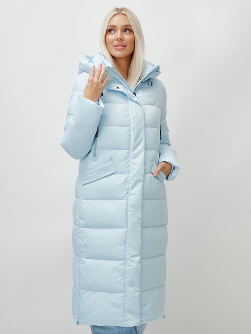 Пальто утепленное стеганное зимнее с капюшоном женское голубого цвета 9610Gl - Mtforce фото 12