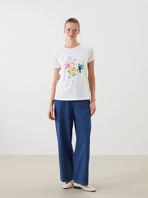 Bisiklet Yaka ?i?ekli Kad?n Ti??rt