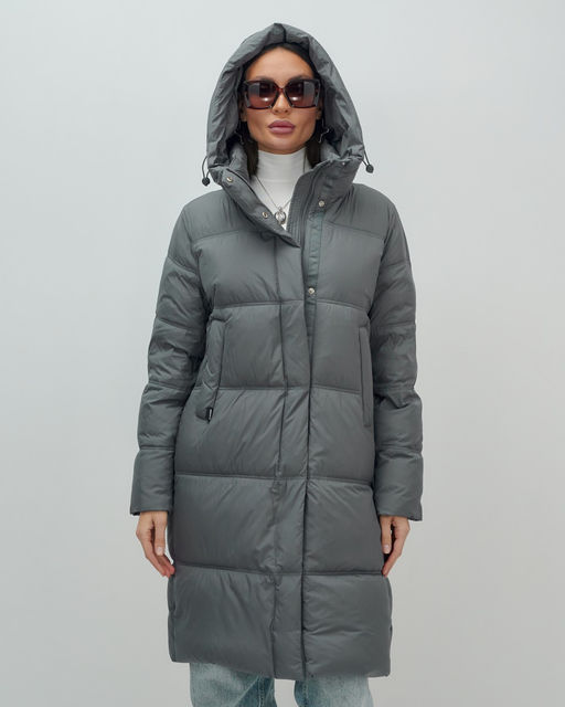 Пальто зимнее утепленное с капюшоном женское темно-серого цвета 7618TC - Visdeer фото 7