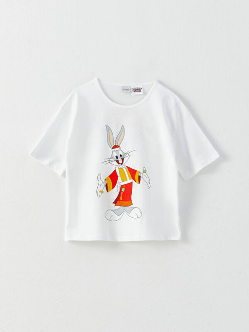 Bisiklet Yaka Bugs Bunny Bask?l? K?sa Kollu K?z ?ocuk Ti??rt