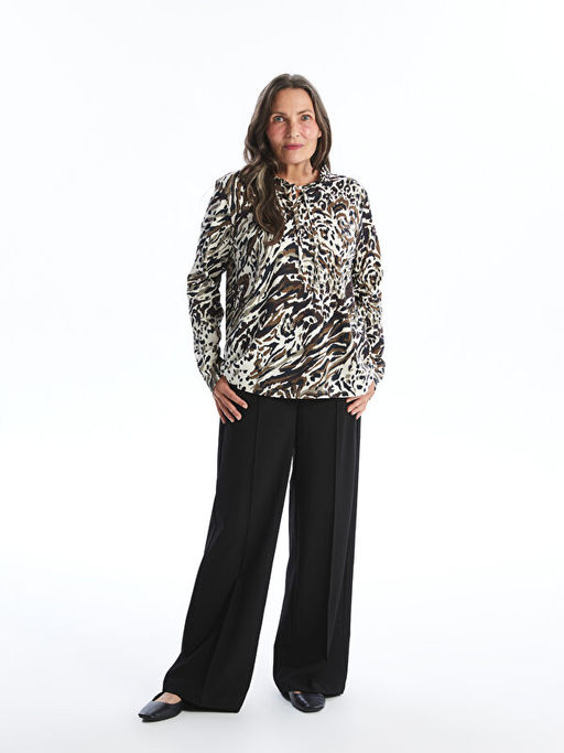 Ba?lamal? Yaka Desenli Uzun Kollu Kad?n Bluz