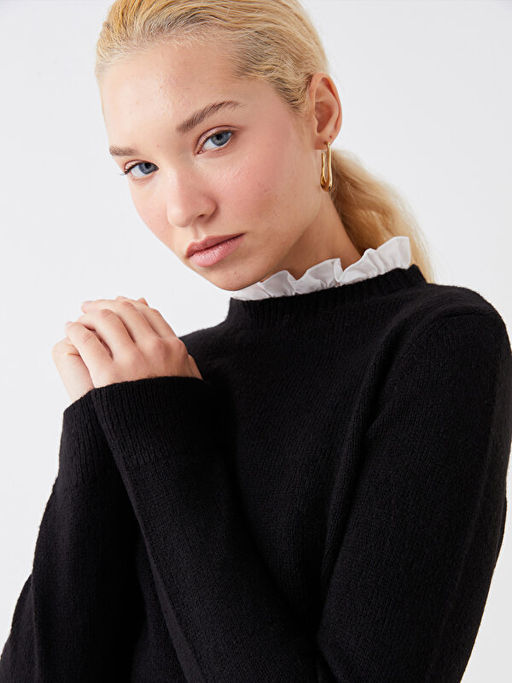 Bisiklet Yaka D?z Uzun Kollu Kad?n Triko Kazak