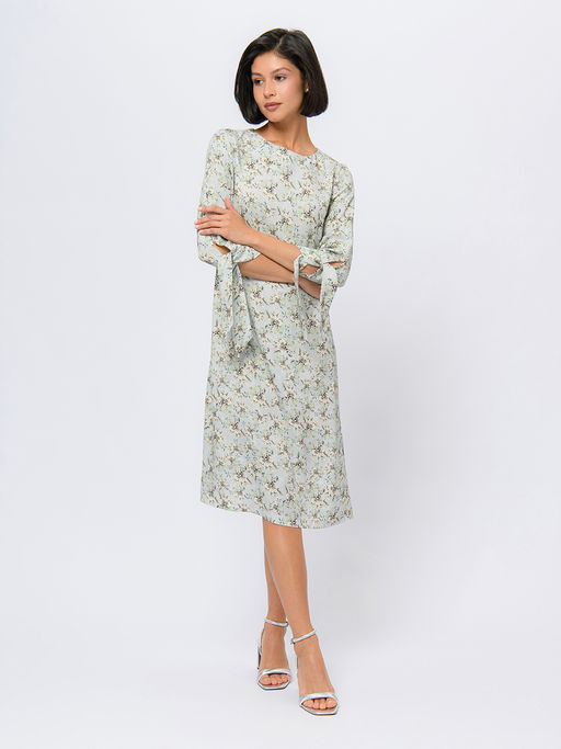 Платье серо-голубого цвета длины мини с принтом и завязками на рукавах - 1001dress фото 2