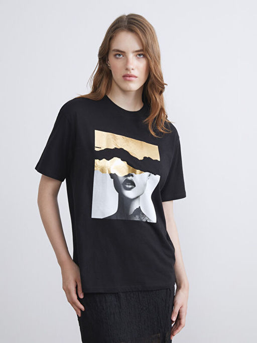 Bisiklet Yaka Bask?l? Oversize Kad?n Ti??rt