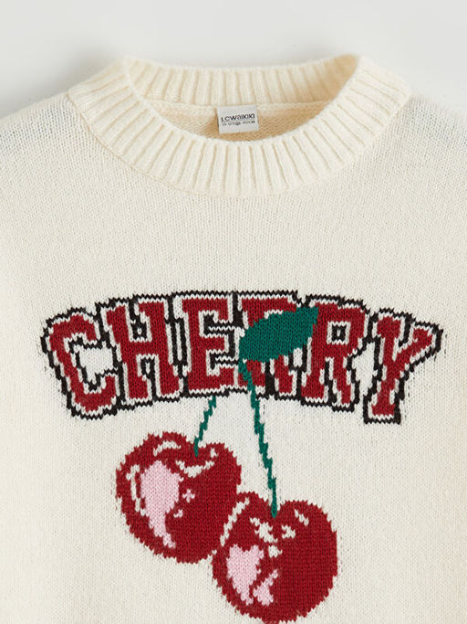 Bisiklet Yaka Desenli K?z ?ocuk Triko Kazak