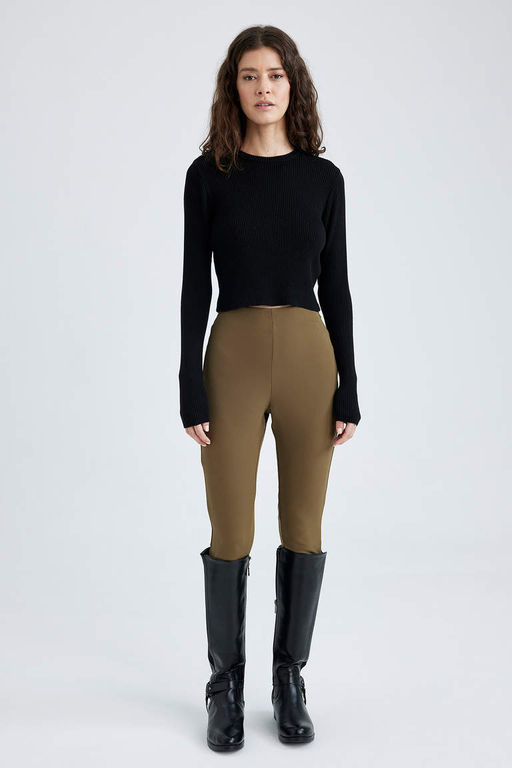 Короткие длинные брюки скинни на молнии с высокой талией - Defacto фото 2