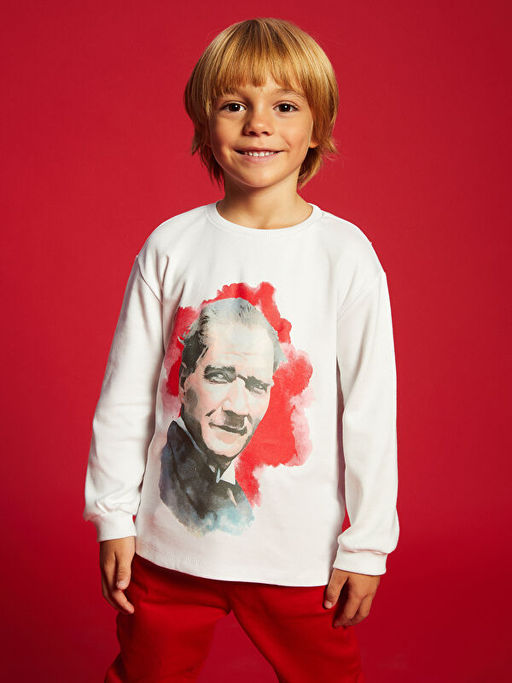 Bisiklet Yaka Uzun Kollu Atat?rk Bask?l? Erkek Bebek Ti??rt