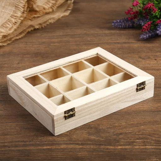 Шкатулка для росписи дерево «Прямоугольная со стеклянной вставкой», для творчества, декора, 12 отделений, 3.5×19×15 см