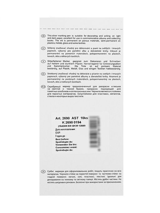 Цена за 10 шт. Маркер для декора Centropen 2690, перманентный, узел 3.8 мм, линия 1.5-3.0 мм, серебристый