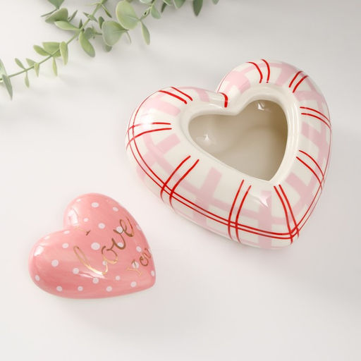 Шкатулка для украшений Розовое сердце в горошек, в клеточку, керамика, 15.7?15.3?8.2 см