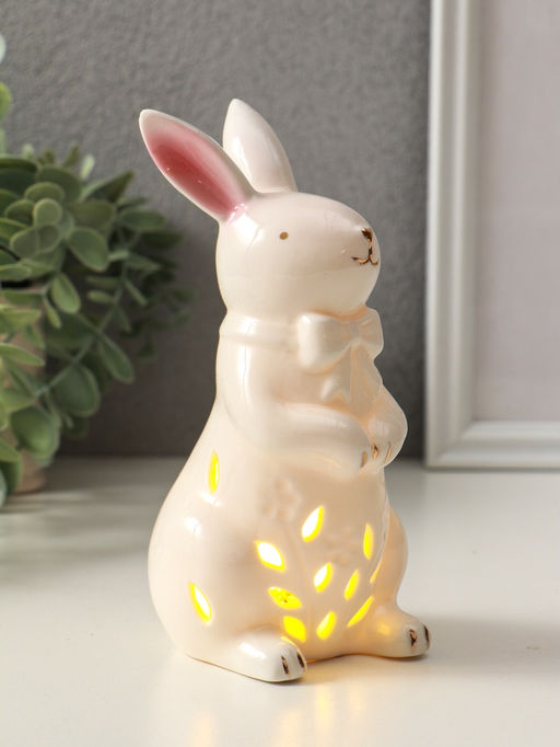 Фигурка светящаяся Зайка с бантом, керамика, белый, 7.5?8?15.5 см