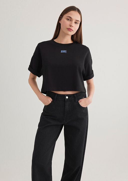 Mavi Logo Bask?l? Siyah Crop Tisort  фото 2