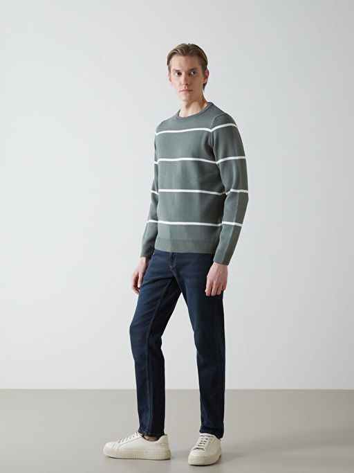 Bisiklet Yaka Uzun Kollu ?izgili Erkek Triko Kazak