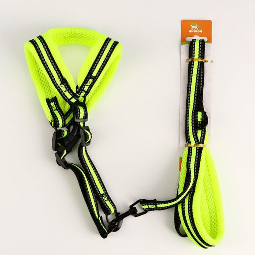 Комплект амуниции светоотражающий с мягкими шлейкой и ручкой, поводок 120 х 1,5 см, ОШ 35-53 см, жёл - Пижон фото 6