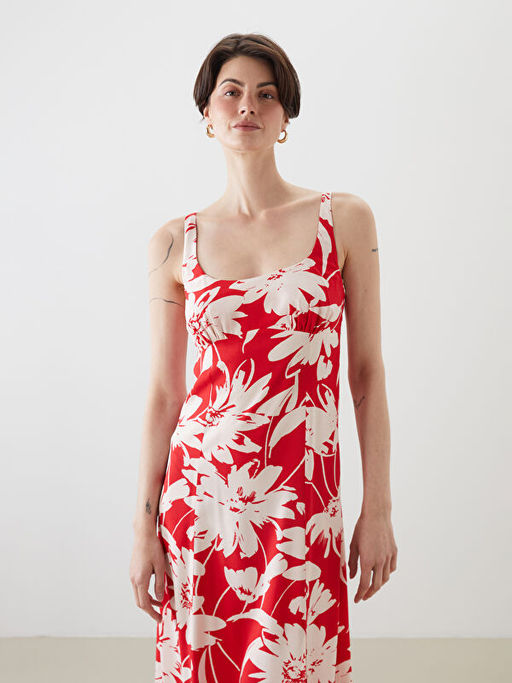 U Yaka ?i?ekli Ask?l? Elbise