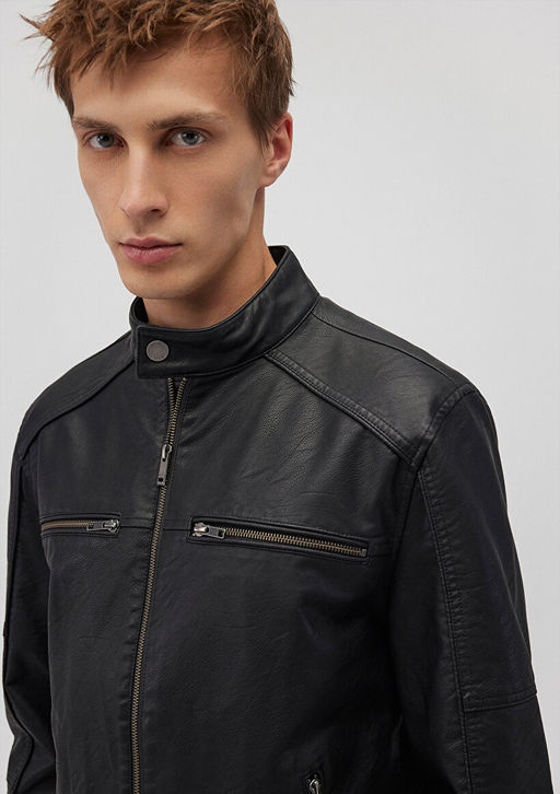 Siyah Suni Deri Ceket - Mavi фото 6