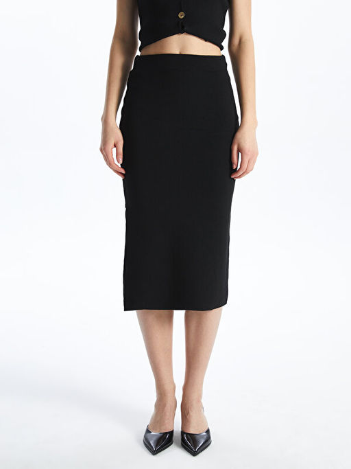 Kad?n Beli Lastikli D?z Triko Etek