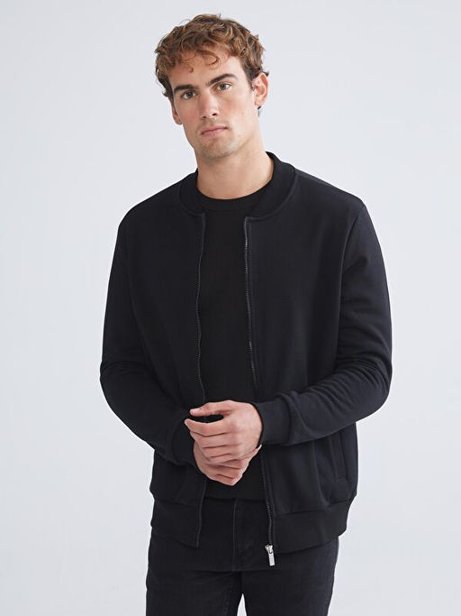 Kolej Yaka Erkek Kal?n Fermuarl? Sweatshirt