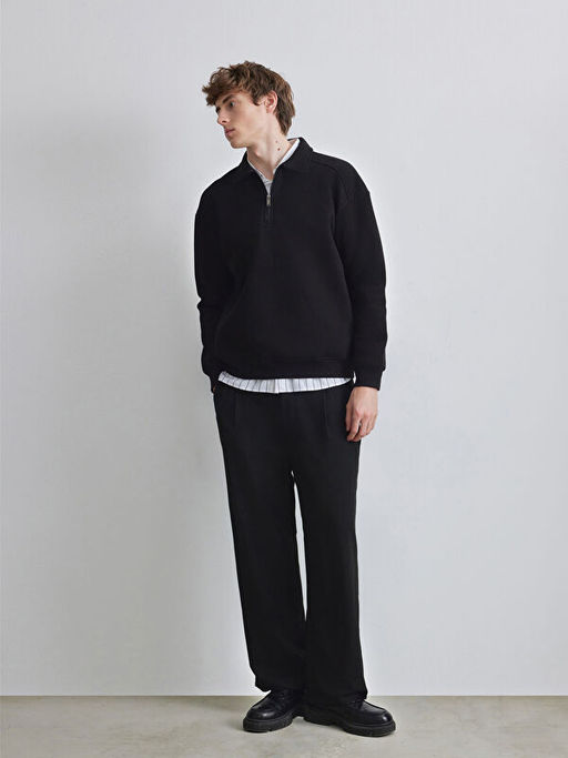 Fermuarl? Polo Yaka Erkek Dokulu Sweatshirt