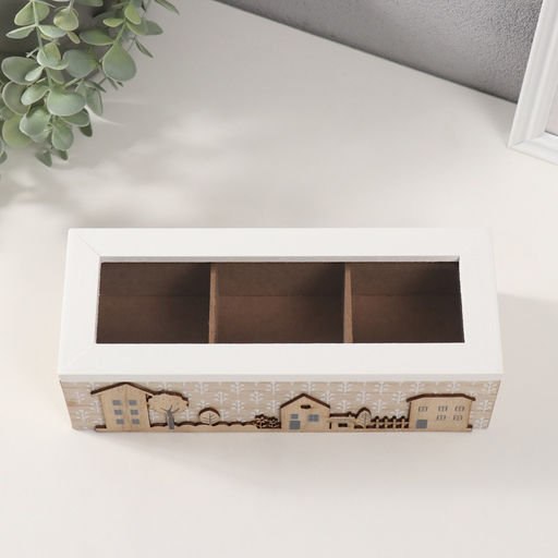 Шкатулка для чая 3 деления «Домики и деревья», дерево, 9×23.4×7.2 см