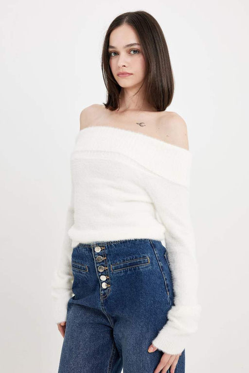 Базовый трикотажный свитер приталенного силуэта с открытыми плечами - Defacto фото 4