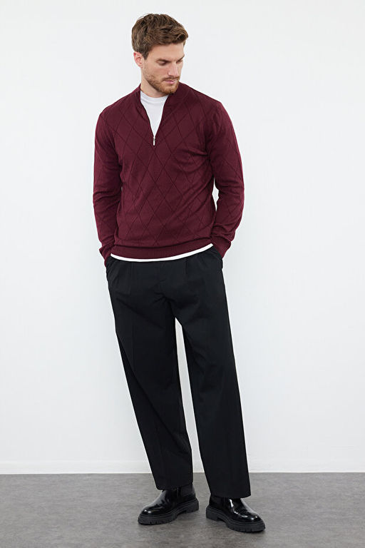Bordo Regular Fit Pamuklu Yar_m Bal_k__ Fermuarl_ Yaka Smart Triko Kazak TMNAW23KZ00215 - Trendyolmilla фото 2