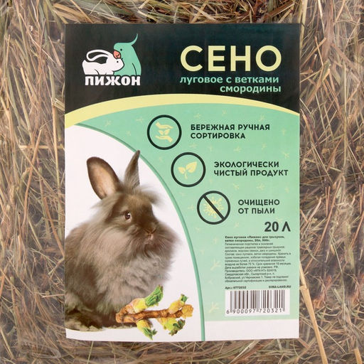 Сено луговое с веточками смородины Пижон для грызунов, 20 л, 500 г  фото 2