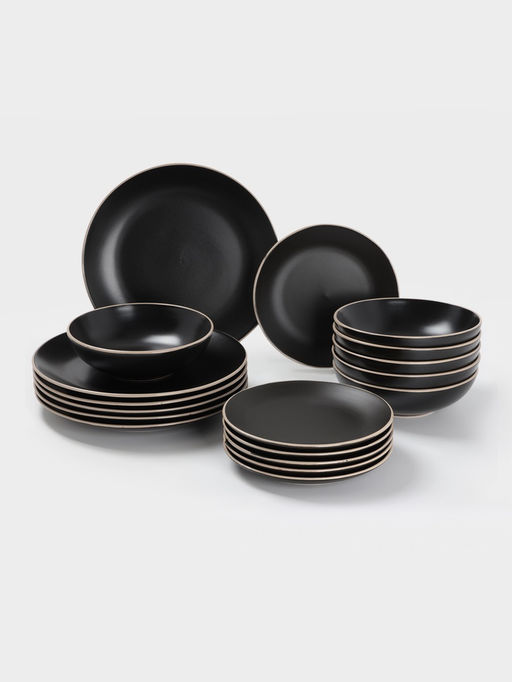 Набор тарелок Доляна Ваниль, 18 предметов: 6 тарелок d=19 см, 6 тарелок d=27 см, 6 мисок d=19 см, керамика, чёрный