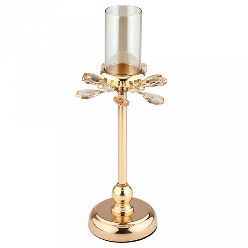 Подсвечник металлический "Аурелия" h32,8см, чаша с колбой стекло д5см, h9см, нескользящее основание д10см, золотой/янтарный, в коробке (Китай)