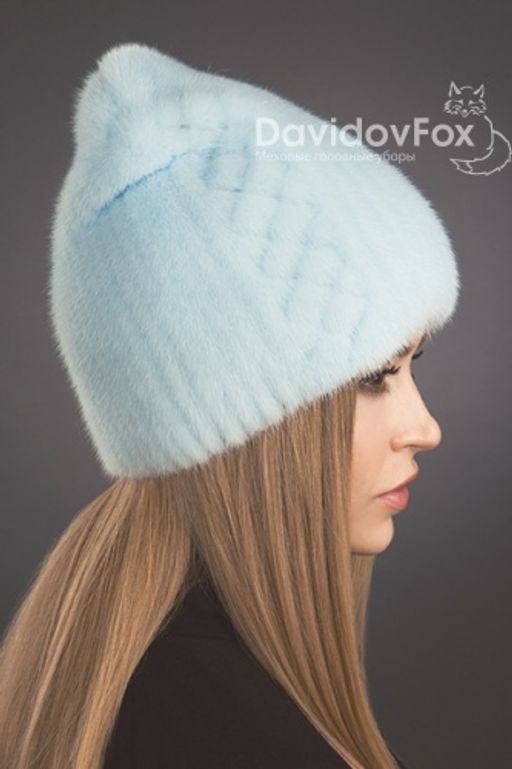 Шапка Бини норка орнамент голубая