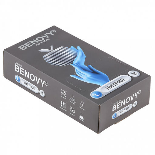 Перчатки медицинские смотровые нитриловые неопудренные нестерильные одноразовые "Benovy" L, текстурированные, гипоаллергенные, манжета закатана в венчик, голубой, ГОСТ Р 52239-2004 (Китай) В упаковке 50 пар
