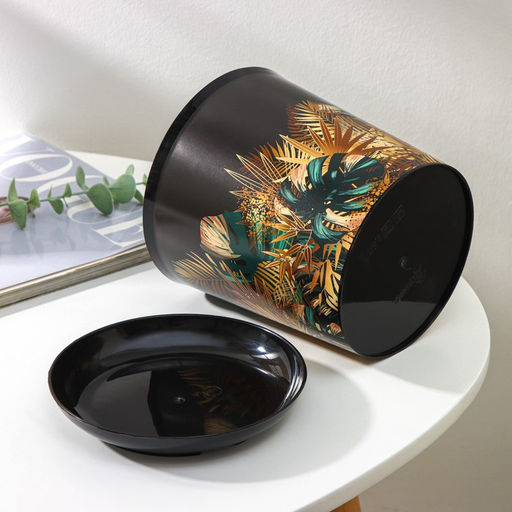 Горшок для цветов с поддоном Доляна «Голди. Листья», 1,6 л, d=14 см, h=15,5 см, пластиковый, цвет чёрный