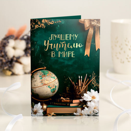 Открытка 4 шоколадки "Лучшему учителю в мире" (зелёная с глобусом)