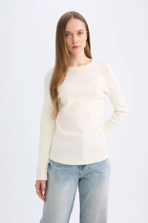 Туника-футболка с длинными рукавами и длинными рукавами в рубчик обычного кроя - Defacto фото 3