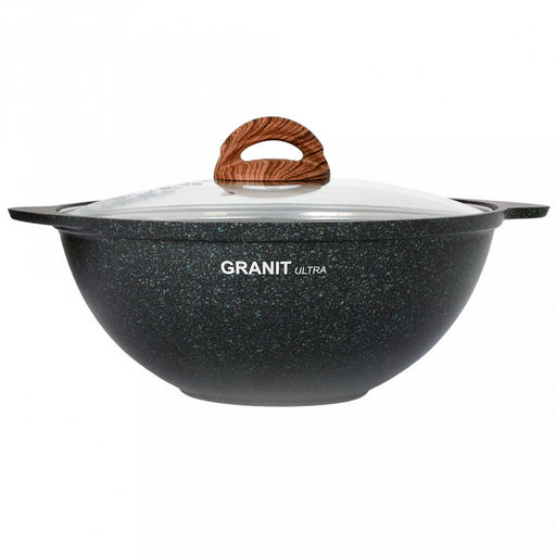 Казан для плова с антипригарным покрытием 3,5л, д29,5см "Granit Ultra", h12см, литой, стеклянная жаропрочная крышка, голубой гранит, "Kukmara" (Россия) - можно использовать металлические кухонные принадлежности