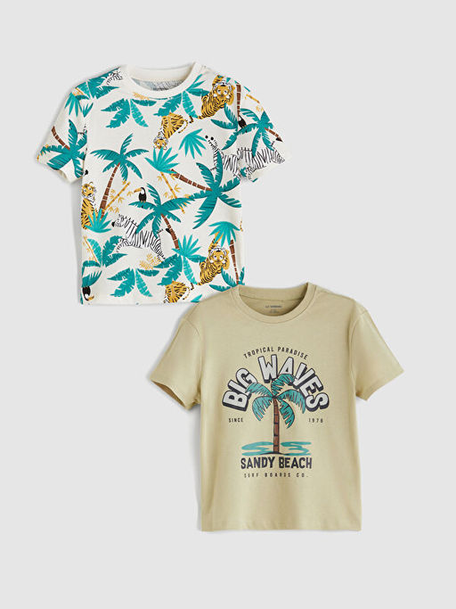 Bisiklet Yaka Bask?l? Erkek ?ocuk Ti??rt 2li