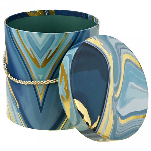 Коробка подарочная, набор 3 штуки: д14х14,5см; д17х17см; д19х19см "Акварель" синие тона с золотом, с ручкой (Китай)